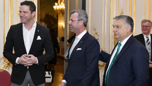 Orban mit FPÖ-Klubobmann Johann Gudenus und Verkehrsminister Norbert Hofer (FPÖ) (Bild: APA/HANS PUNZ)
