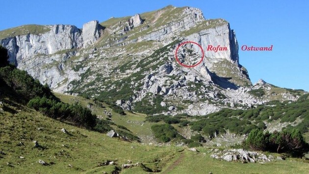 An der eingekreisten Stelle fand der Bergretter die männliche Leiche. (Bild: Zoom.Tirol)