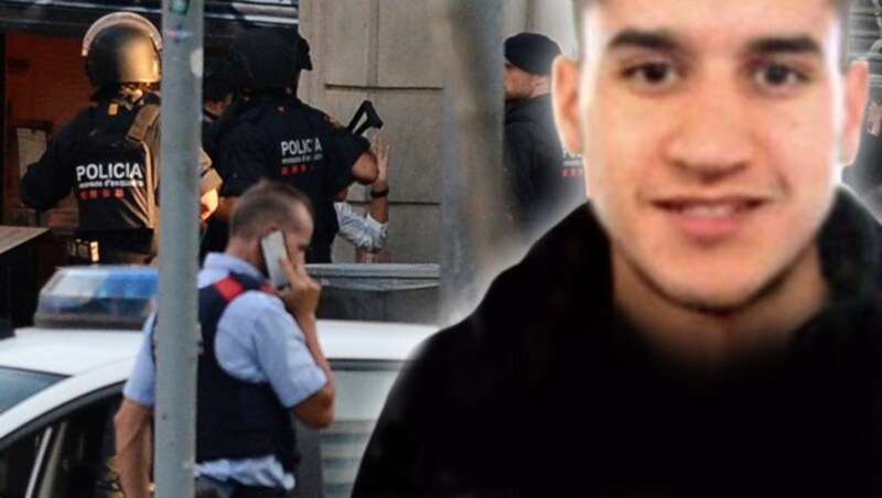 Er lenkte den Transporter auf der La Rambla in die Menge: der Marokkaner Younes Abouyaaqoub (22) (Bild: AFP, AP, krone.at-Grafik)