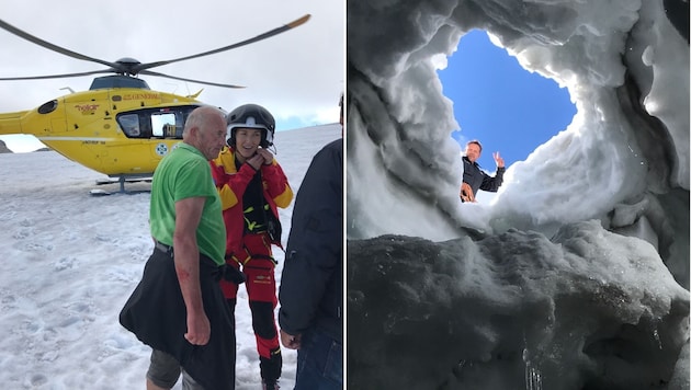 Der 61-Jährige wurde beim Sturz in die Gletscherspalte (re.) verletzt, er wurde ins Spital geflogen. (Bild: W. Schrempf)