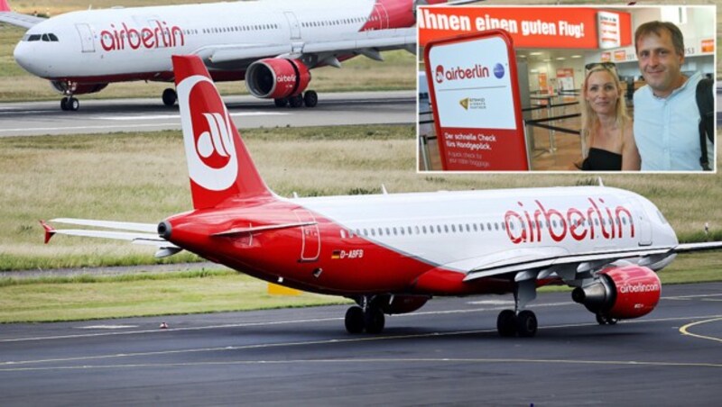 Ab in den Urlaub: Touristen (rechts oben) nehmen die Pleite der Fluglinie Air Berlin noch locker. (Bild: ASSOCIATED PRESS, Kronen Zeitung/Tomschi)