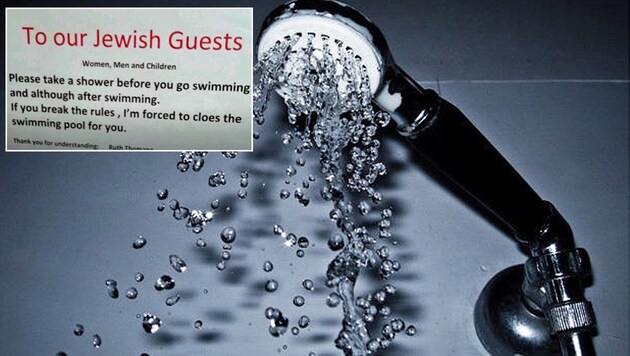 Die Aufforderung des Hotels an jüdische Gäste, sich vor dem Benutzen des Pools zu duschen (Bild: flickr.com/Umberto Rotundo, Screenshot/Twitter.com)