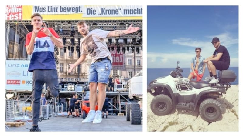 Nach ihrem Urlaub in Griechenland (r.) sind KSFreak & Krappi am Sprung zum Linzer "Korne"-Fest. (Bild: Markus Wenzel, KSFreak/Krappi)