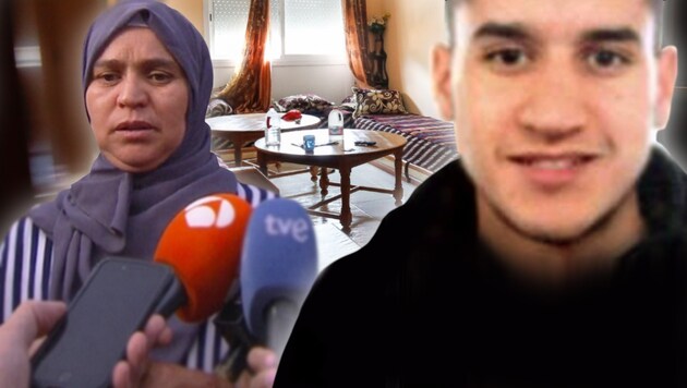 Die Mutter des Hauptverdächtigen Younes Abouyaaqoub (22) bittet ihren Sohn, dass er sich stellt. (Bild: AFP, Televisio3, AP, krone.at-Grafik)