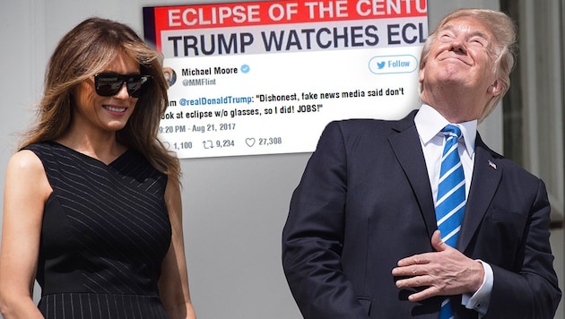 Trump blinzelt ohne Schutzbrille in die grelle Sonne. (Bild: AFP/Nicholas Kamm, twitter.com, krone.at-Grafik)