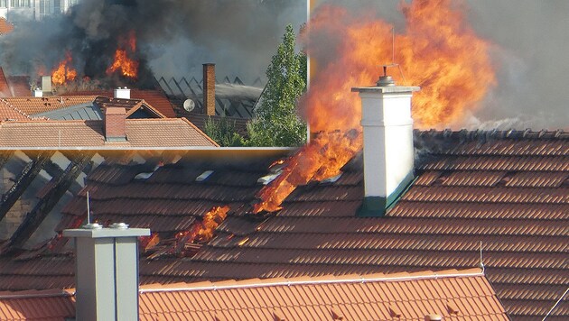 Die Flammen loderten aus dem Dachstuhl und zerstörten nach und nach den ganzen Betrieb. (Bild: "Krone"-Lesereporter, krone.at-Grafik)