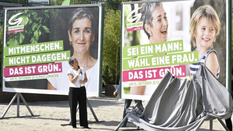 Zwei der drei Plakate, mit denen die Grünen in den Wahlkampf starten. (Bild: APA/HANS KLAUS TECHT)