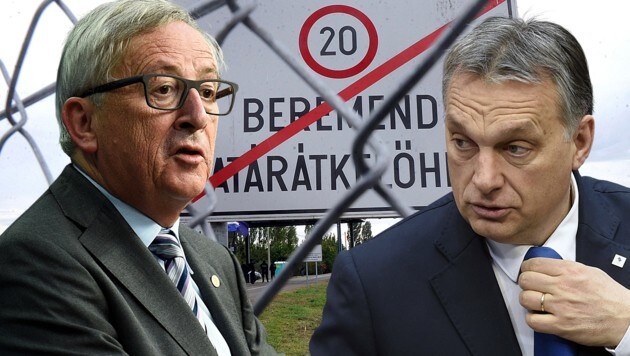 Ungarns Regierungschef Orban (re.) fordert von EU-Kommissionschef Juncker Geld für den Grenzzaun. (Bild: AFP, AP)