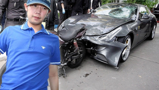 Yorayuth Yoovidhya wird beschuldigt, 2012 in Bangkok einen Streifenpolizisten überfahren zu haben. (Bild: EPA/STR, krone.at-Grafik)