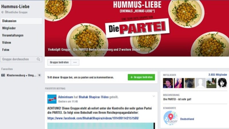 Eine der gekaperten Facebook-Gruppen: "Heimat-Liebe" ist nun "Hummus-Liebe". (Bild: Die Partei)