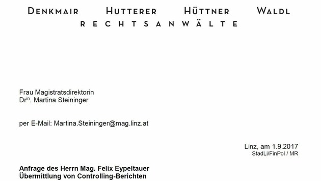 Der Briefkopf des anwaltlichen Schreibens an Kontrollausschusschef Felix Eypeltauer (Neos) (Bild: Werner Pöchinger)