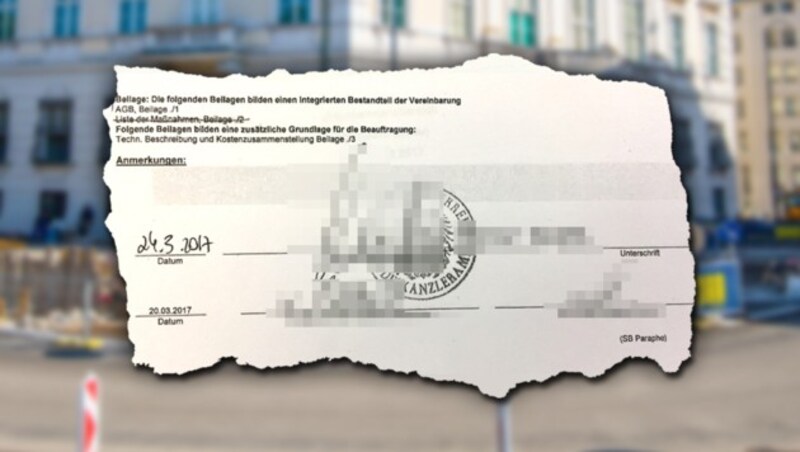 Die "Krone" hat die Bestellung der Anti-Terror-Mauer mit Unterschrift und Stempel des Kanzleramts. (Bild: APA/Georg Hochmuth, krone.at-Grafik)