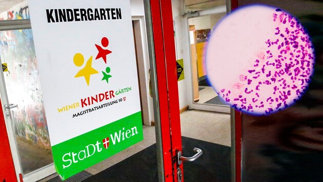 Diesen Wiener Kindergarten besuchte jener Bub, bei dem TBC diagnostiziert wurde. (Bild: Martin A. Jöchl, stock.adobe.com, krone.at-Grafik)