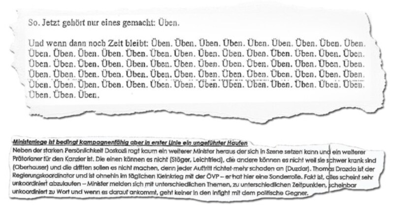 Rudolf Fußi rät Kern eine Rede gut zu "üben" (oben); die geleakte Zustandsanalyse der SPÖ (unten) (Bild: "Krone")