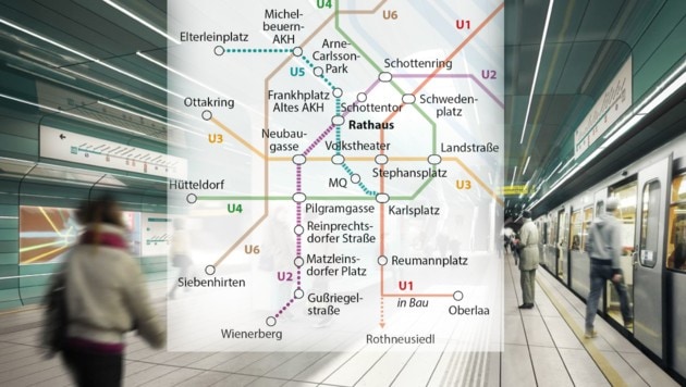 So sieht der Netzplan für U5 und U2 im Detail aus. (Bild: Göbl Architekten ZT, APA)
