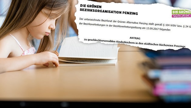 Grüner Antrag für mehr "geschlechtersensible Kinderbücher in städtischen Büchereien" (Bild: Die Grünen, stock.adobe.com, krone.at-Grafik)