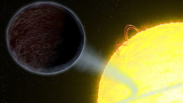 Künstlerische Illustration: Der schwarze Exoplanet WASP-12B vor seinem Stern (Bild: NASA/ESA, G. Bacon (STScl))