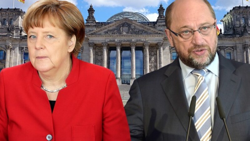 Angela Merkel (CDU) und Martin Schulz (SPD) verhandeln derzeit über eine Neuauflage der großen Koalition in Deutschland. (Bild: AFP, AP, stock.adobe.com, krone.at-Grafik)