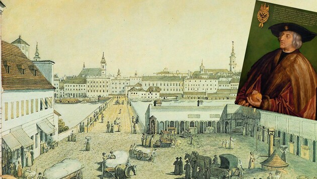 Maximilian I. verlieh anno 1497 das Brückenprivileg - das Bild zeigt die hölzerne Brücke um 1830. (Bild: Repros: Max Stöger)