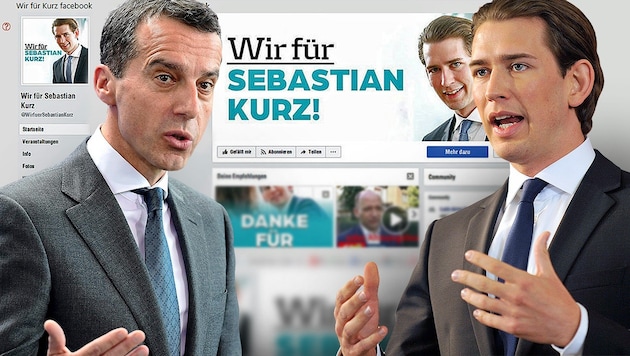 Kanzler Christian Kern steht wegen der Hetz-Seiten gegen ÖVP-Chef Sebastian Kurz unter Druck. (Bild: APA, AFP, facebook.com, krone.at-Grafik)