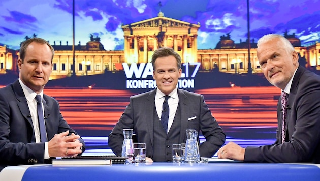 NEOS-Chef Matthias Strolz und ÖVP-Listendritter Josef Moser duellierten sich bei Tarek Leitner. (Bild: APA/HERBERT NEUBAUER)