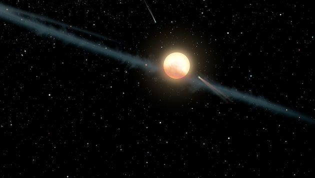 Künstlerische Illustration: Ein ungleichmäßiger Staubring um KIC 8462852 (Bild: NASA/JPL-Caltech)