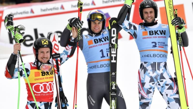 Marcel Hirscher, Alexis Pinturault und Philipp Schörghofer (Bild: APA/KEYSTONE/PETER SCHNEIDER)