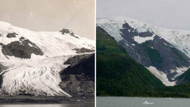 Der Toboggan-Gletscher in Alaska anno 1909 (links) bzw. im September 2000 (Bild: NASA)