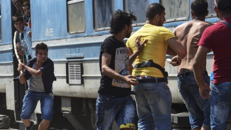 Ein Flüchtling geht mit einem Stock auf andere los, nachdem der Kampf um Platz im Zug eskaliert ist. (Bild: APA/EPA/GEORGI LICOVSKI)