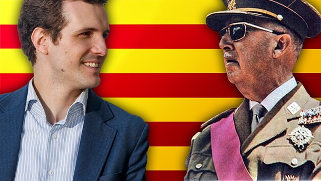 Pablo Casado sorgt im Katalonien-Konflikt mit einem Vergleich zur Franco-Diktatur für viel Wirbel. (Bild: AFP, Wikipedia, krone.at-Grafik)