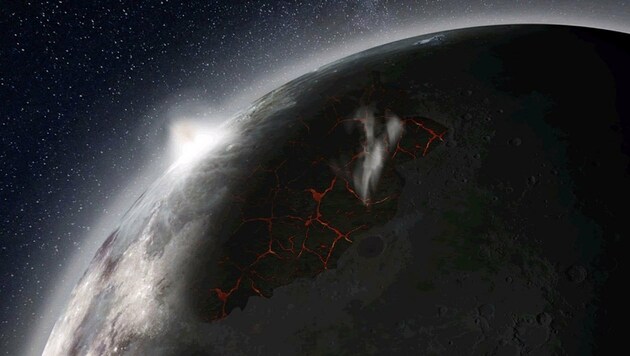 Illustration: Aus mit Lava gefüllten Becken traten jene Gase aus, die die Atmosphäre bildeten. (Bild: NASA/MSFC)