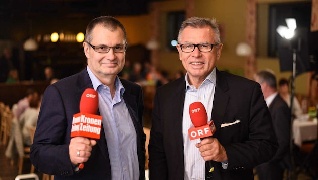 Harald Kalcher ("OÖ-Krone") und Reinhard Waldenberger (ORF) moderierten den OÖ Stammtisch. (Bild: Markus Wenzel)
