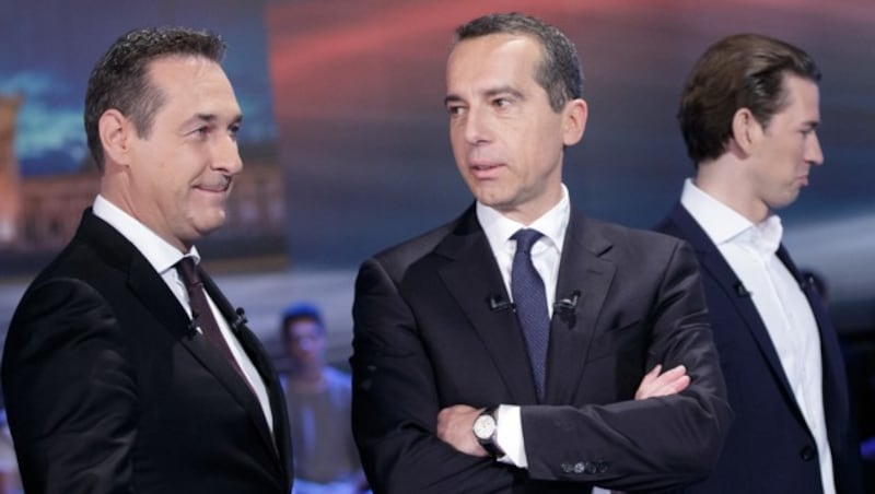 Strache, Kern und Kurz bei der ORF-Elefantenrunde vor der Nationalratswahl im Oktober 2017 (Bild: APA/GEORG HOCHMUTH)