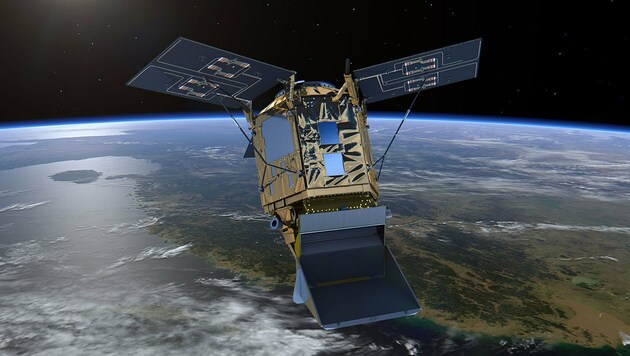 Künstlerische Illustration: Der Satellit „Sentinel-5P“ im Erdorbit (Bild: ESA/ATG medialab)