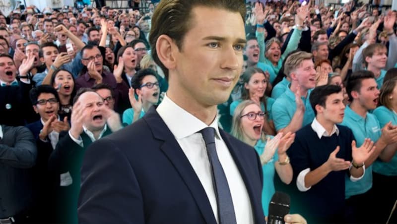 Sebastian Kurz nach seinem Sieg bei der Nationalratswahl 2017 (Bild: APA/ROBERT JAEGER, AFP, krone.at-Grafik)