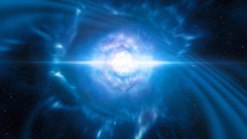 Künstlerische Illustration zweier verschmelzender Neutronensterne (Bild: ESO/L. Calçada/M. Kornmesser)