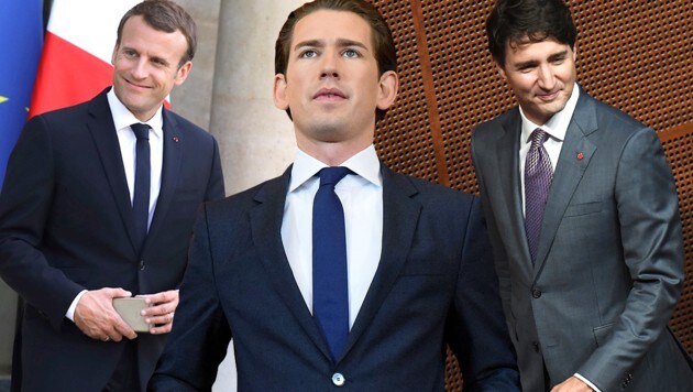 Fallen durch ihren modischen und jugendlichen Style auf: Macron, Kurz und Trudeau (v.l.) (Bild: AFP, krone.at-Grafik)