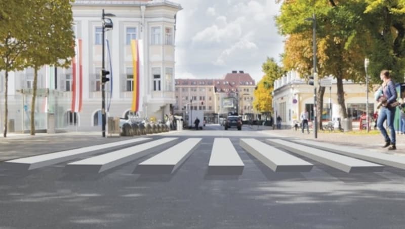 So könnten die geplanten 3D-Zebrastreifen aussehen. (Bild: Sicheres Kärnten/LPD)