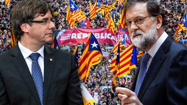 Katalaniens Regierungschef Carles Puigdemont (li.), Spaniens Ministerpräsident Mariano Rajoy (Bild: APA/AFP/LLUIS GENE, AP, AFP, krone.at-Grafik)