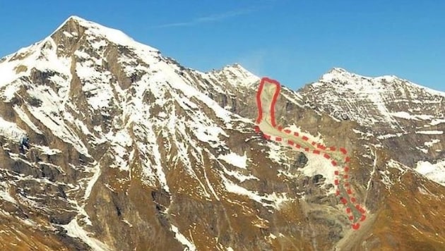 Wiesbachhorn: Rot markiert ist der gigantische Felssturz vom 20.10. Das Geröll rutschte 2 km weit. (Bild: Gerald Valentin/Land Salzburg)