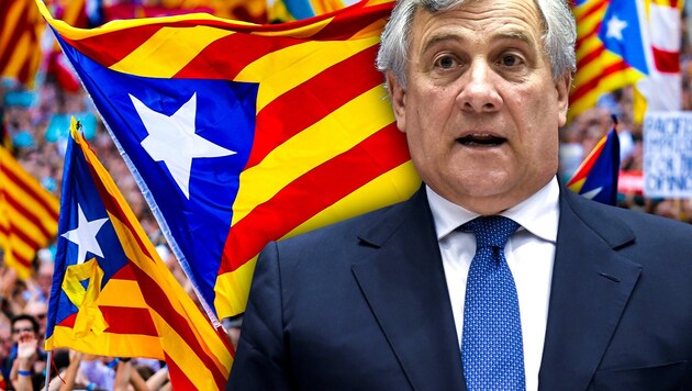 EU-Parlamentspräsident Tajani warnt auch andere separatistische Bewegungen in Europa. (Bild: APA/AFP/PAU BARRENA, AFP, krone.at-Grafik)