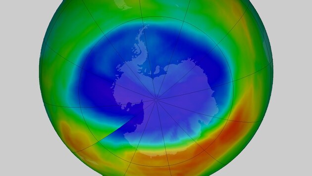 Das Ozonloch (blau) über der Antarktis am 11. September 2017 (Bild: NASA Ozone Watch/Katy Mersmann)