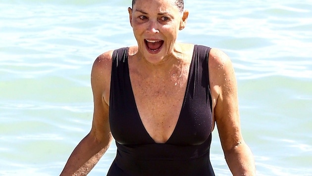 Sharon Stone genießt einen Tag am Strand im tief dekolletierten Badeanzug. (Bild: www.PPS.at)