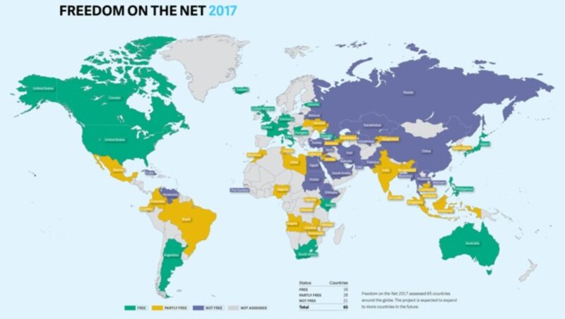 Weite Teile Afrikas, Asiens und des arabischen Raums haben kein freies Internet. (Bild: Freedom House)