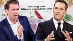 Für Bundeskanzler Sebastian Kurz (ÖVP) und Vizekanzler Heinz-Christian Strache (FPÖ) ist die Kürzung der Mindestsicherung ein Prestigeprojekt. (Bild: ServusTV, Roland Mühlanger, APA/G. Hochmuth, stock.adobe.com)