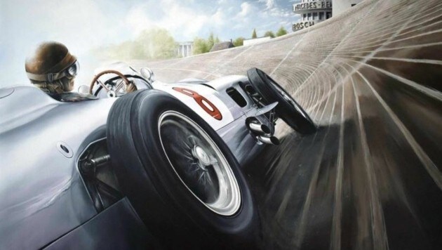 Fünffach-Weltmeister Juan Manuel Fangio im Silberpfei. Feinste Pinselstriche, Acryl auf Leinwand. (Bild: Mario Pichler)
