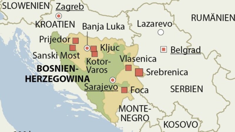 Rot eingezeichnet sind jene Orte, in denen laut Anklage unter Mladic Genozide begangen wurden. (Bild: APA)