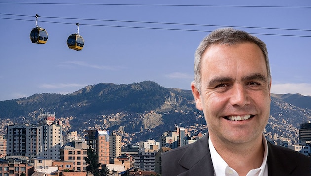 Die Firma Doppelmayr (im Bild: Konzernsprecher Ekkehard Assmann) könnte eine Seilbahn in Linz bauen. (Bild: Fotomontage Doppelmayr Seilbahnen GmbH)