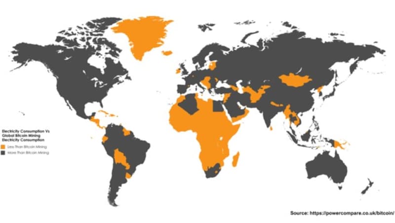 Viele Afrikas brauchen weniger Strom als der Bitcoin - selbst Nigeria mit 186 Mio. Einwohnern. (Bild: powercompare.co.uk)