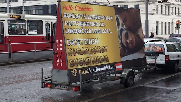 Mobile Werbung für die umstrittene Dating-Börse aus Norwegen kurvt seit einigen Tagen durch Wien. (Bild: Privat)